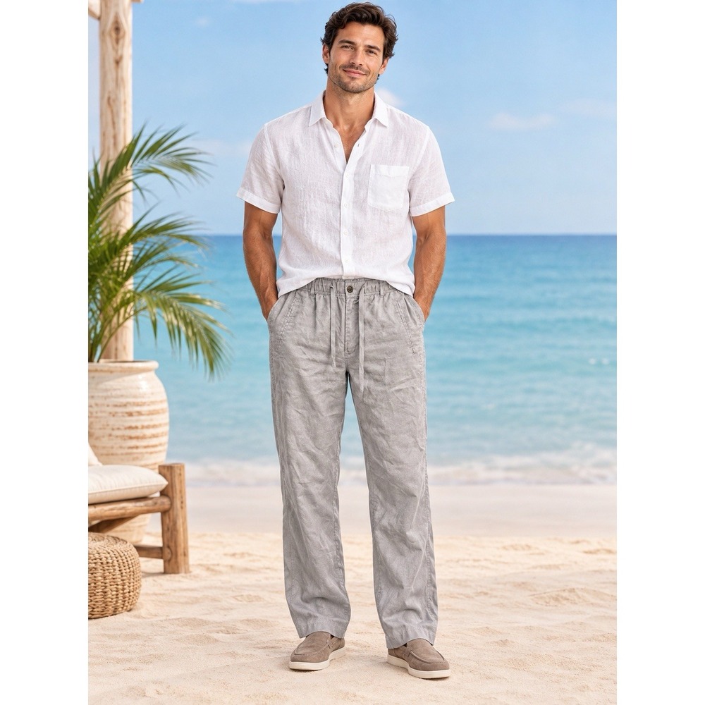 Tasso Elba Men's M Gray 100% Linen Pants 30" Inseam Resort Beach Wedding